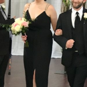 David’s Bridal black chiffon evening gown